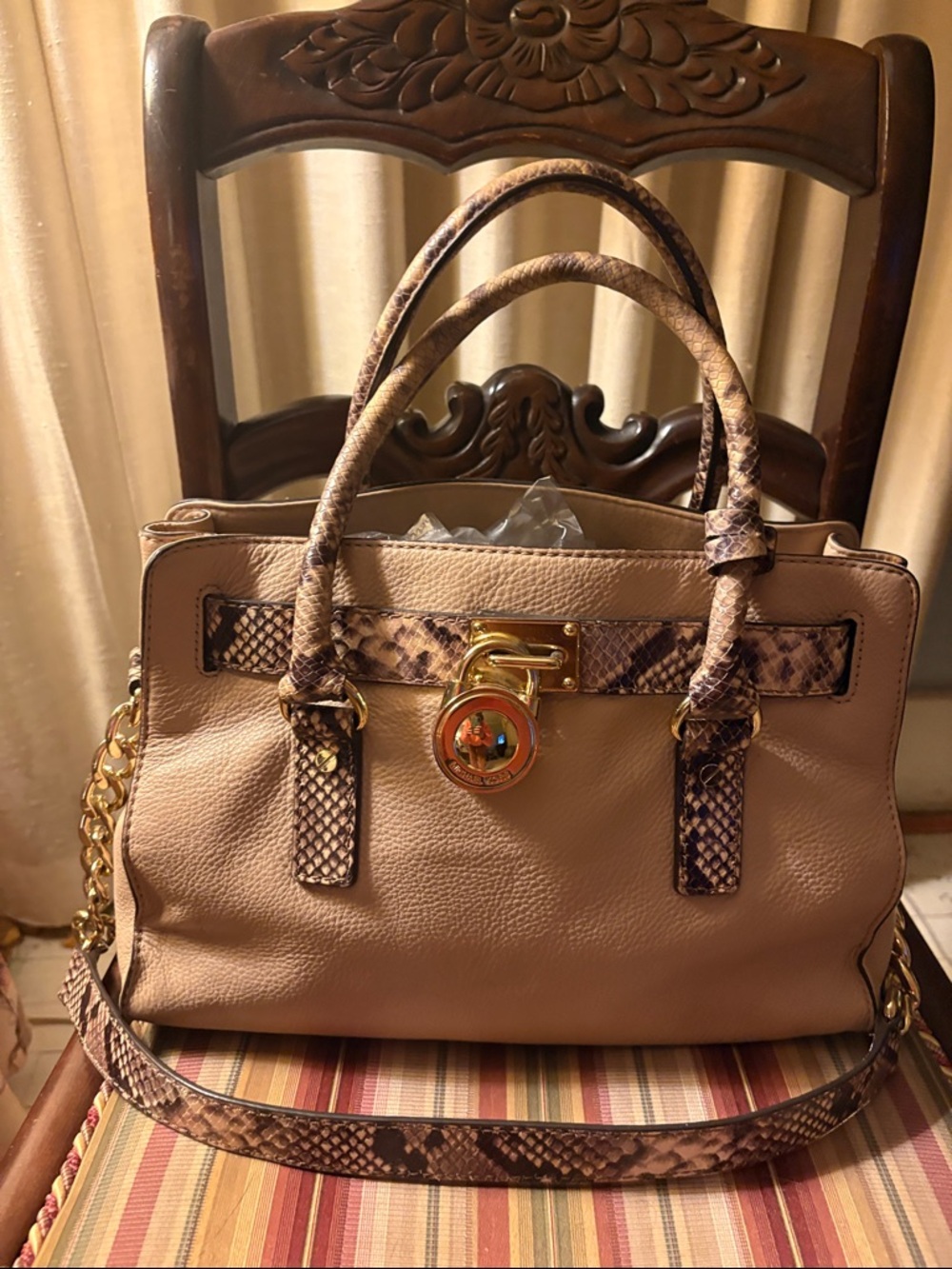 MICHEAL KORS - Beige Leather Satchel with Snake-Print Trim - Classic